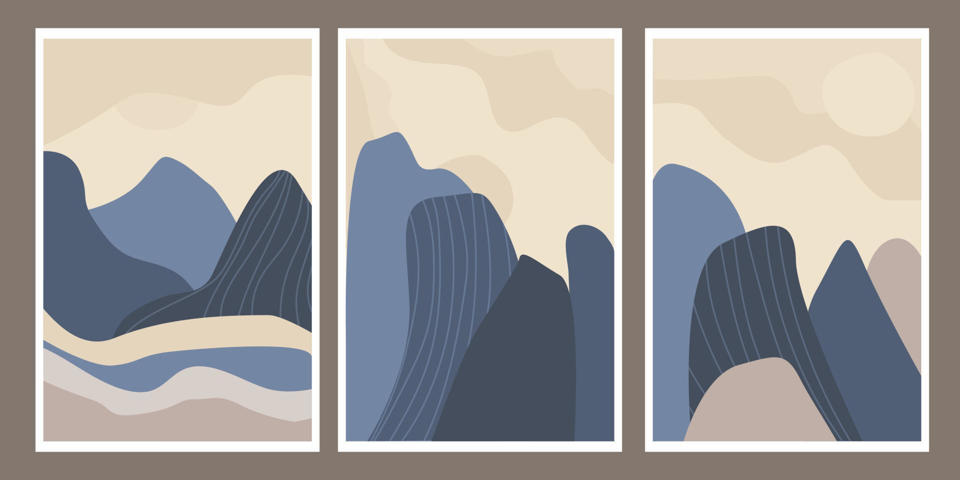 minimalistisch landschap. bergen en rotsen. hemel met zon, zonsopgang en zonsondergang. abstracte lijnen, eenvoudige stijl vector