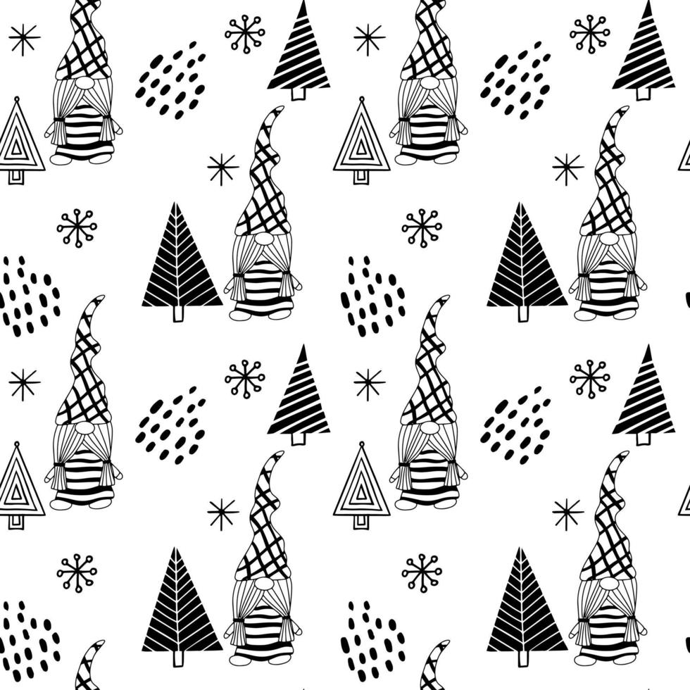 naadloos patroon met een schattige handgetekende kabouter en een kerstboom. vector