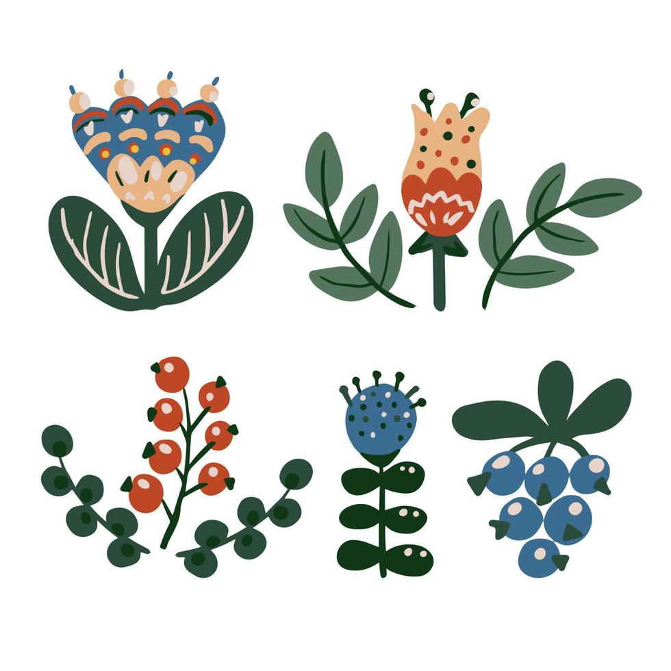 botanische elementen voor design. bloemen in folk etnische stijl. voor het maken van patronen, uitnodigingen, ansichtkaarten. rustieke folklore. felle trendy kleuren. vector