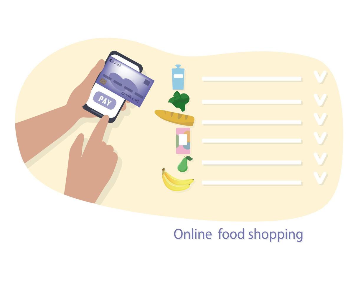 eten bestellen via de online winkel. betaling met creditcard. keuze van goederen in de supermarkt. concept van veilige levering aan huis. vector