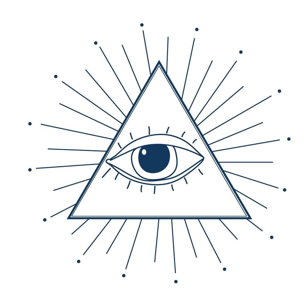 het oog in de driehoek. alziend oog in de piramide, zonnestralen rondom. astrologisch en occult teken, spiritualiteit. magisch heilig symbool, vector