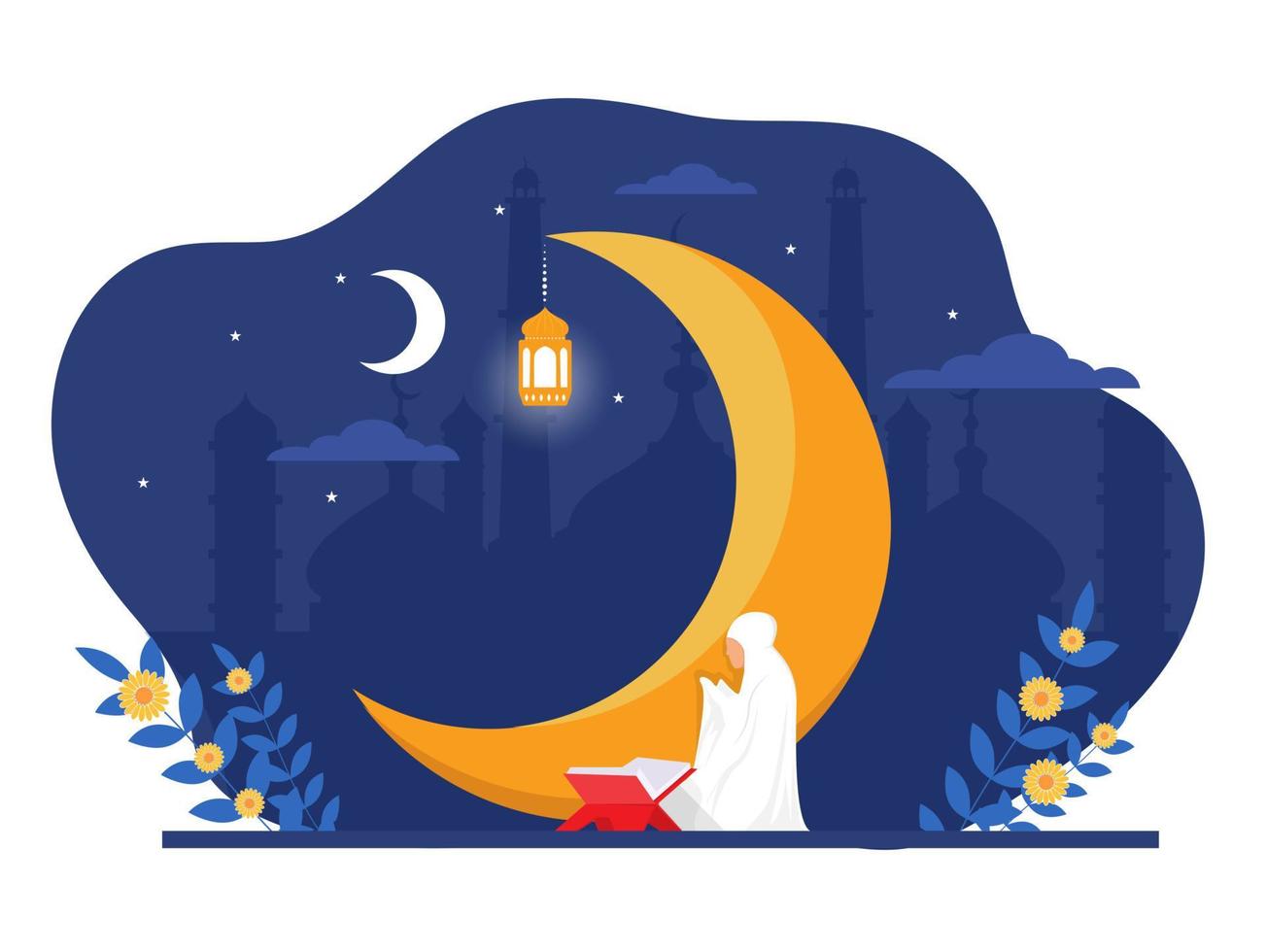 ramadan nacht met moslim vrouw die de koran leest het heilige boek van de islam vlakke afbeelding moskee boog achtergrond traditionele hangende lantaarn licht ornament vector