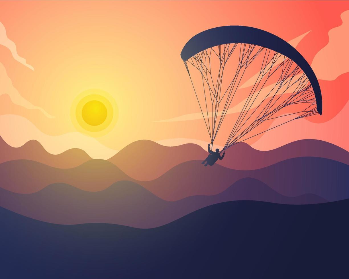 paragliding silhouet met landschapsachtergrond van bergen en zonsondergang vectorillustratie vector