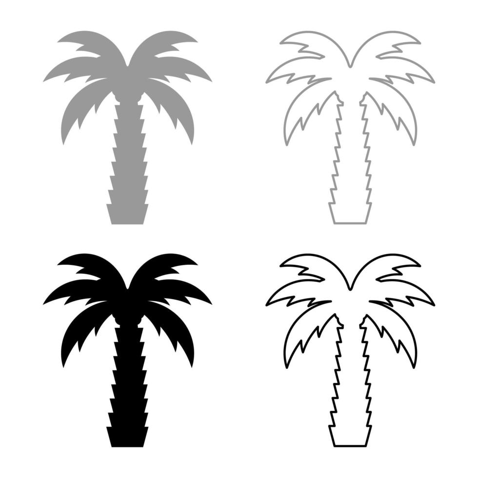 palmboom tropische kokosnoot set pictogram grijs zwart kleur vector illustratie afbeelding solide vulling omtrek contour lijn dun vlakke stijl