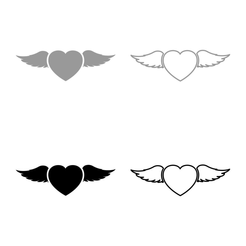 hart met vleugel ingesteld pictogram grijs zwart kleur vector illustratie afbeelding effen vulling omtrek contour lijn dun vlakke stijl