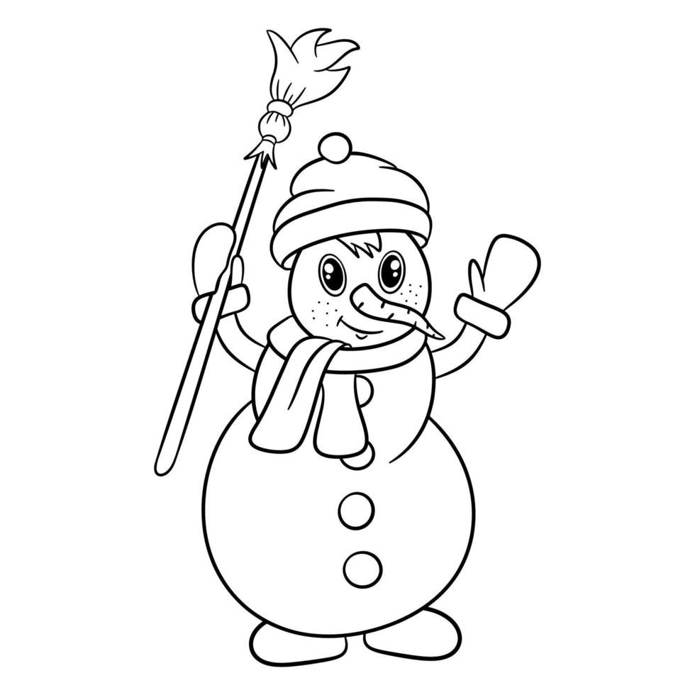 sneeuwpop in muts en sjaal met bezem in zijn handen, geïsoleerd op een witte achtergrond. vectorillustratie, cartoonstijl vector