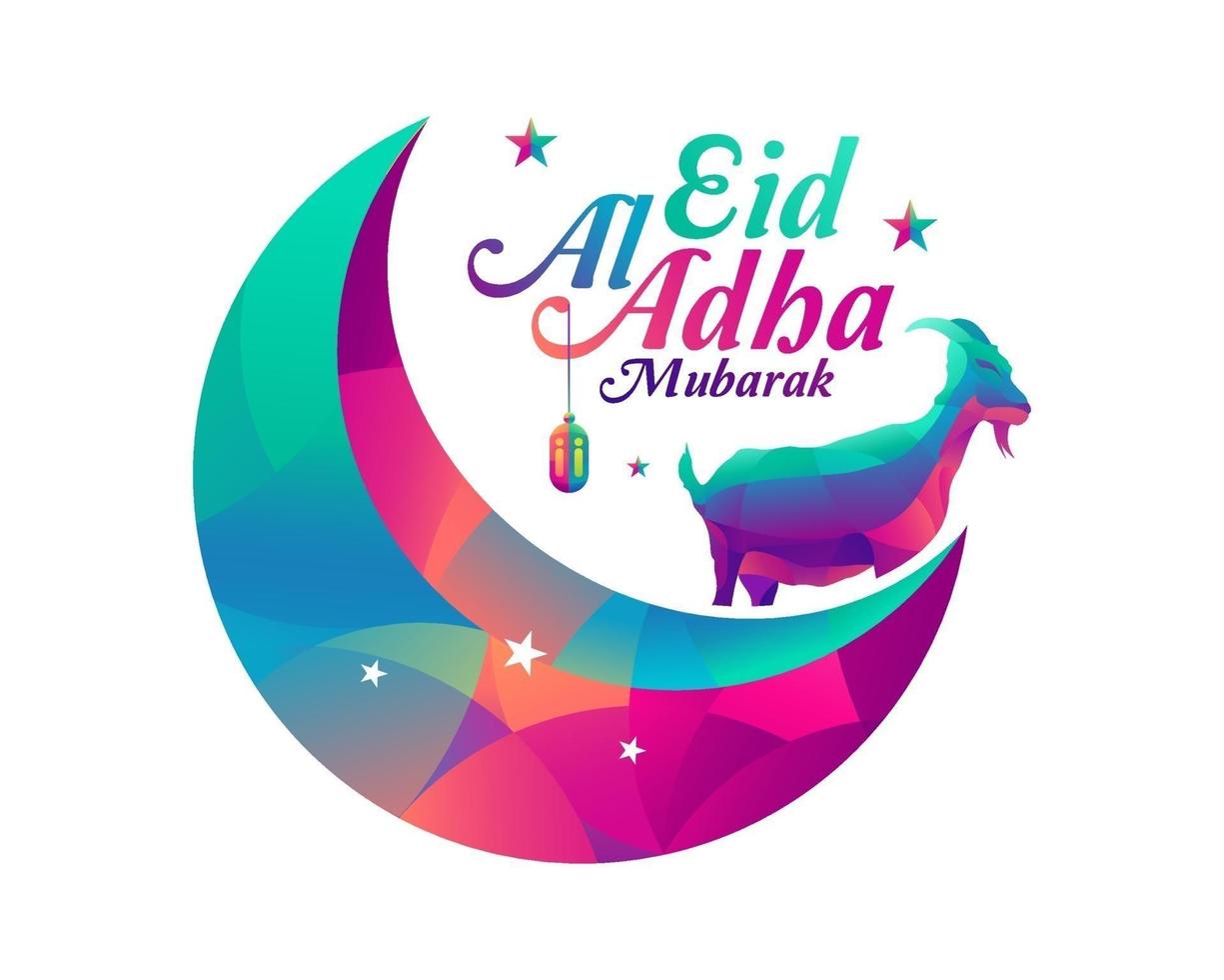 eid al adha mubarak is een viering van een wit achtergrondontwerp voor de moslimgemeenschap met vectorillustraties van een geit, een ster, een lantaarn en een halve maan. vector