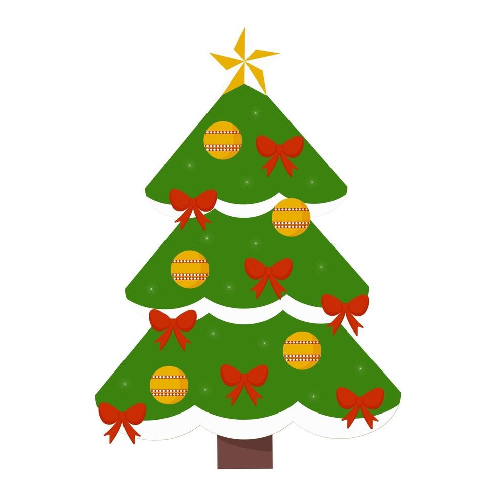 kerstboom met kerstster, ballonnen en slinger. groene spar of dennenboom versierd met kerstspeelgoed. vector ontwerp vlakke stijl.