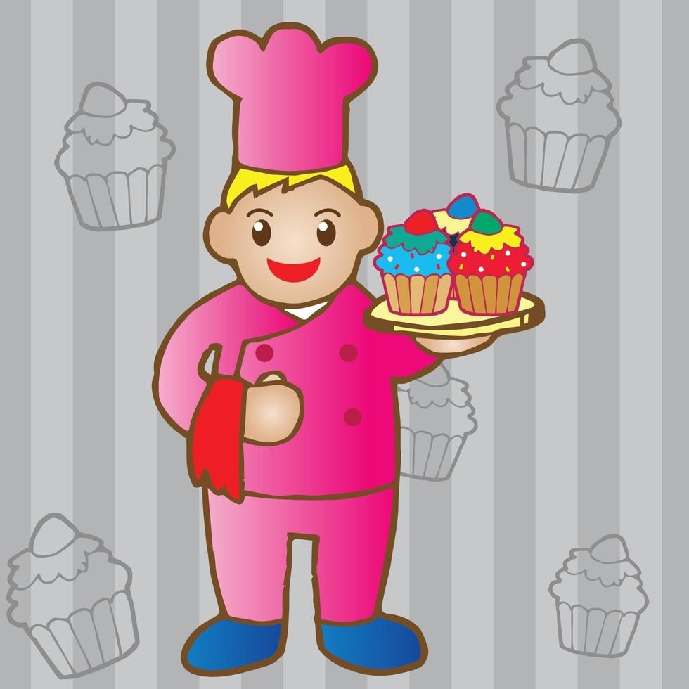 chef-kok die een cupcake houdt vector