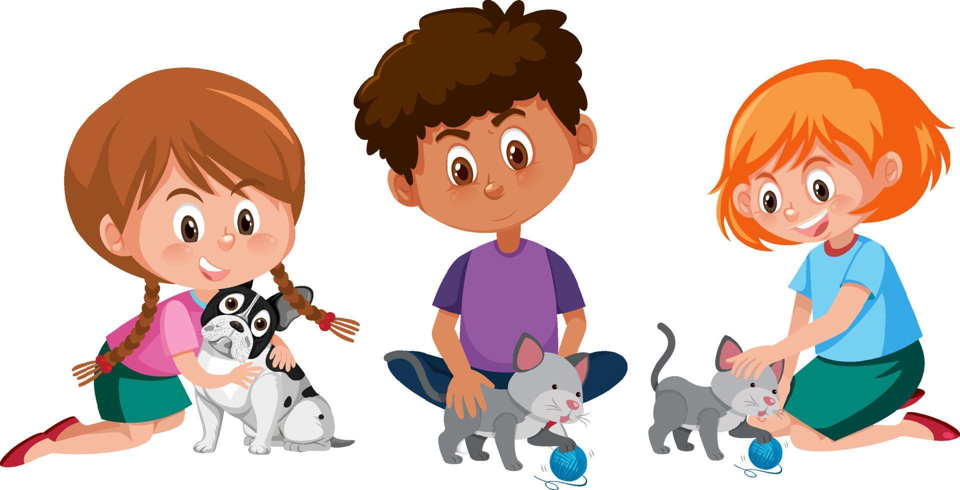 stripfiguur van kinderen die met hun huisdieren spelen vector