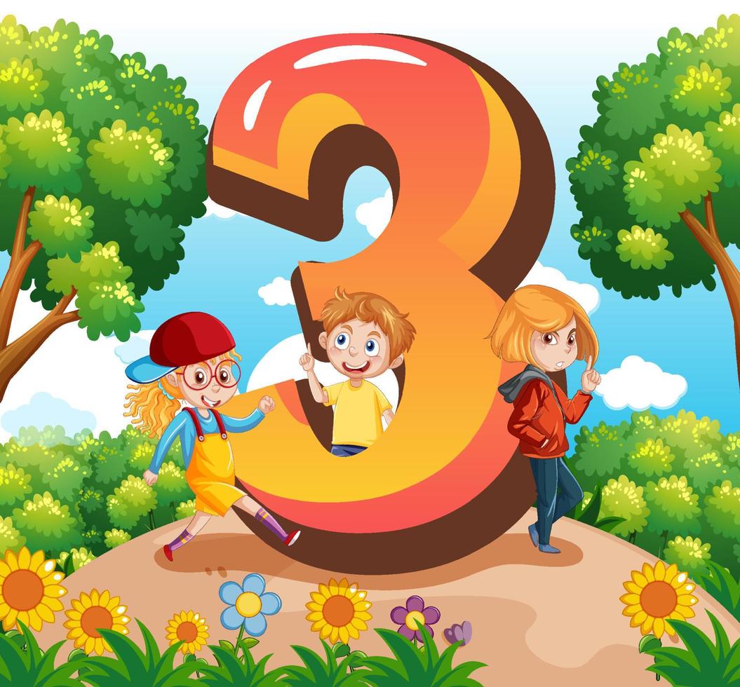 drie kinderen met nummer drie cartoon vector