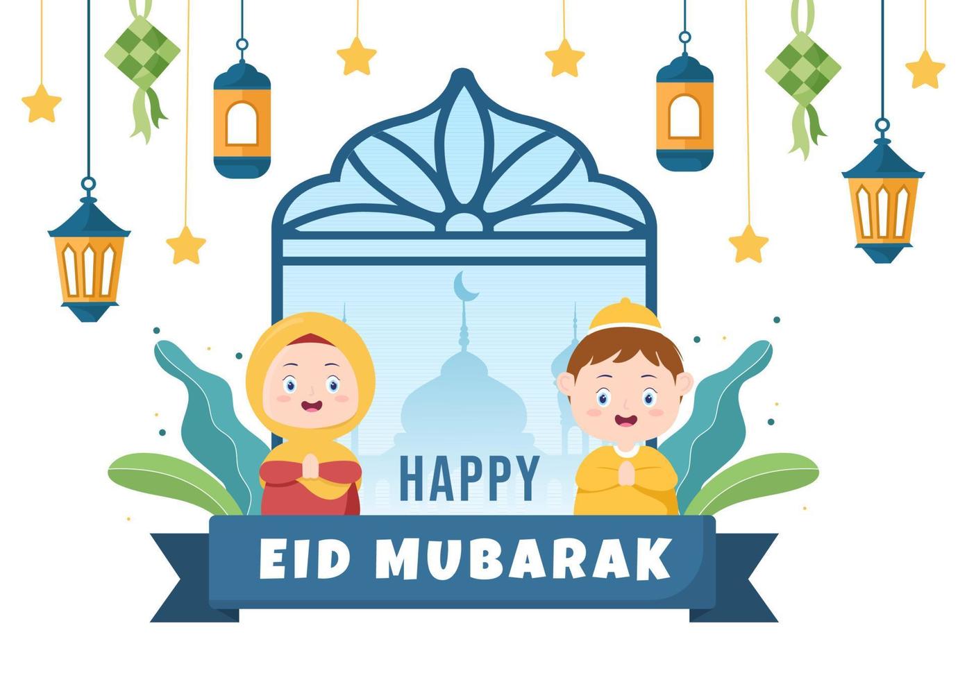 gelukkige eid ul-fitr mubarak achtergrond afbeelding. moslim mensen vieren met handen schudden elkaar wensen en verontschuldigen zich in vlakke stijl vector