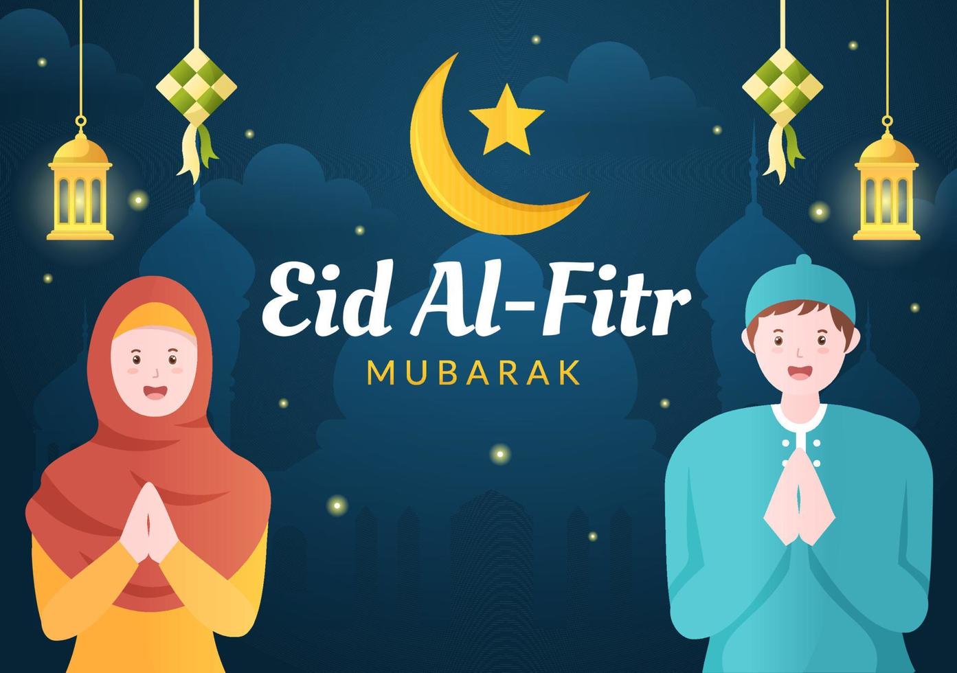 gelukkige eid ul-fitr mubarak achtergrond afbeelding. moslim mensen vieren met handen schudden elkaar wensen en verontschuldigen zich in vlakke stijl vector