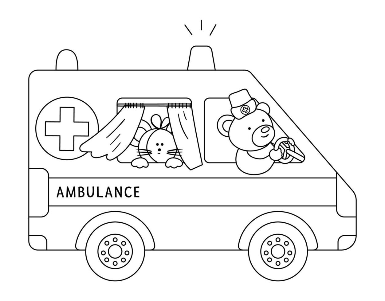 vector overzicht ambulance met schattige dieren binnen. berenarts die een noodauto bestuurt met een zieke muis. grappige speciale medische transport kleurplaat voor kinderen.