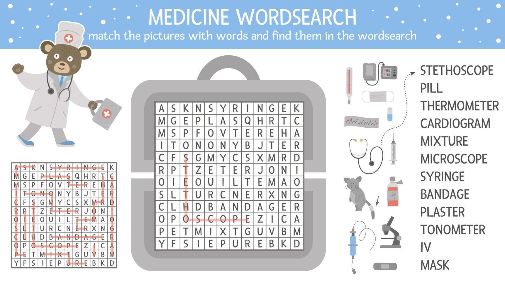 vector gezondheidszorg woordzoeker puzzel met foto's. medicijnquiz voor kinderen. educatieve kruiswoordraadselactiviteit met schattige medische apparatuur en dokter