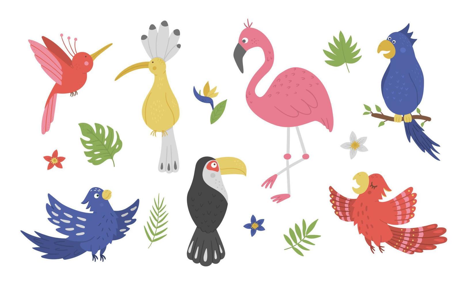 vector set met schattige exotische vogels, bladeren, bloemen geïsoleerd op een witte achtergrond. grappige tropische dieren en planten illustratie. heldere platte foto voor kinderen. jungle zomer illustraties