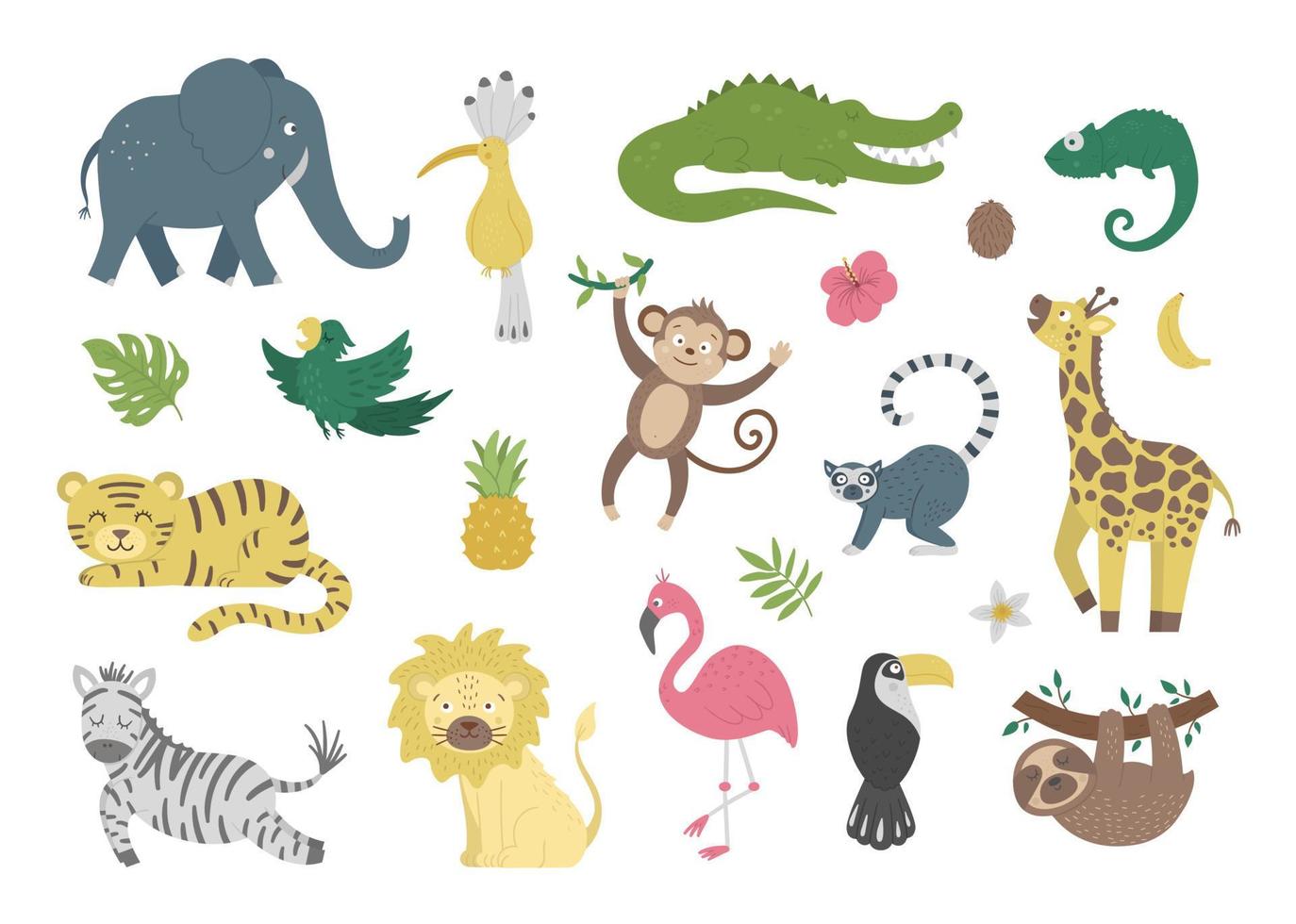 vector set met schattige exotische dieren, bladeren, bloemen, fruit geïsoleerd op een witte achtergrond. grappige tropische vogels en planten illustratie. heldere platte foto voor kinderen. jungle zomer illustraties