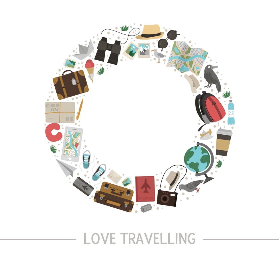 vector rond frame met reizende objecten. reis elementen banner ontwerp ingelijst in cirkel. leuke grappige kaartsjabloon met reis- of vakantie-elementen.