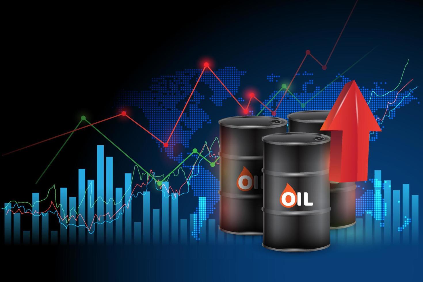 olievaten met een groeigrafiek in de investeringsmarkt en handel pijlen omhoog en kaart wereld die de wereldwijde netwerk lijn draad frame data business vectorillustratie vertegenwoordigen vector