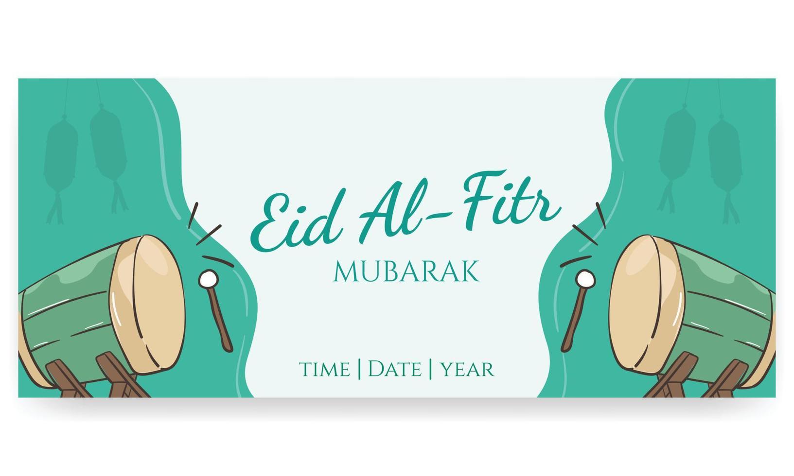 eid al fitr mubarak, met de hand geschilderd in pastelkleuren. doodle stijl. horizontale poster, wenskaart, koptekst voor website vector