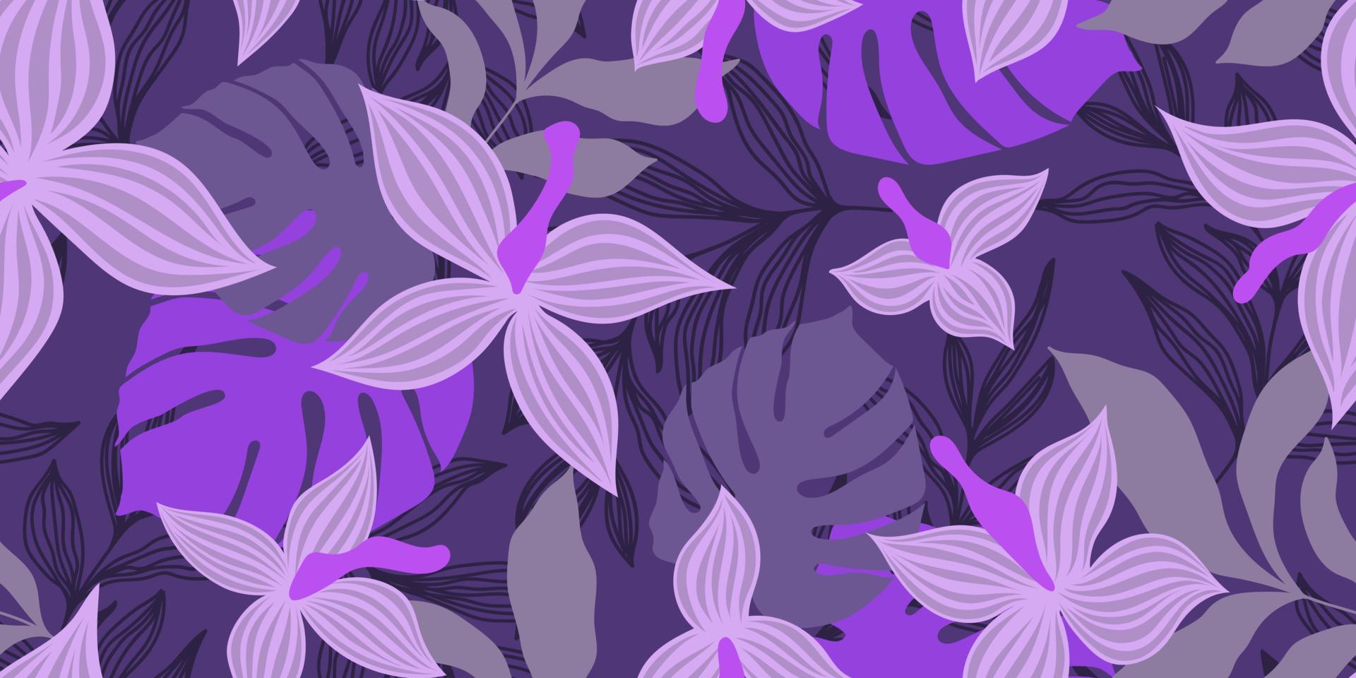 vector naadloze paarse banner met lila bloemen en kleurrijke tropische bladeren