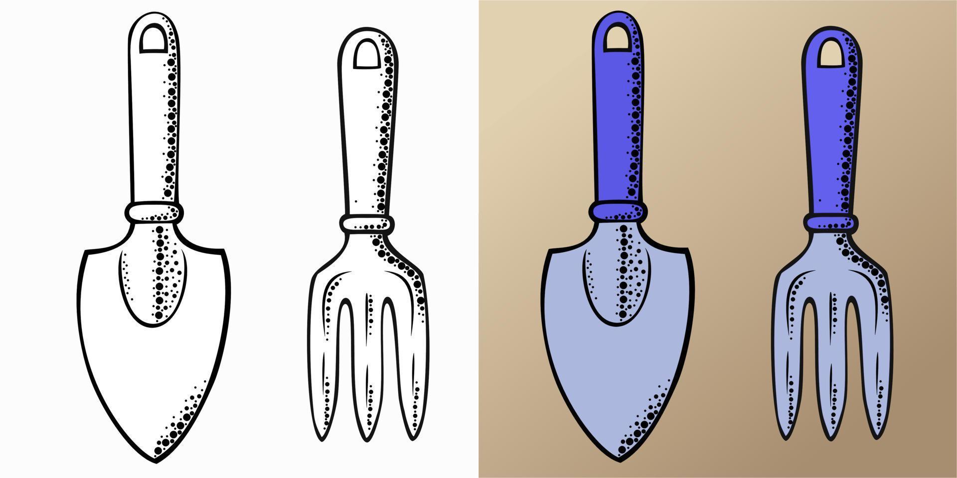 tuinman kit, schop en hark, zwart-wit afbeelding en kleur vector