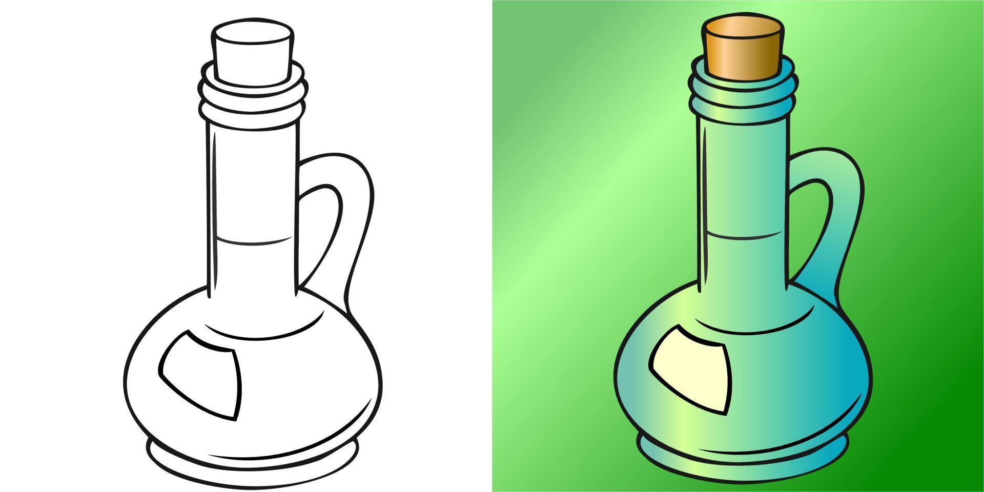 een reeks illustraties, een kleuren- en zwart-witafbeelding van een cartoonglazen fles met een stop en een handvat voor olie vector