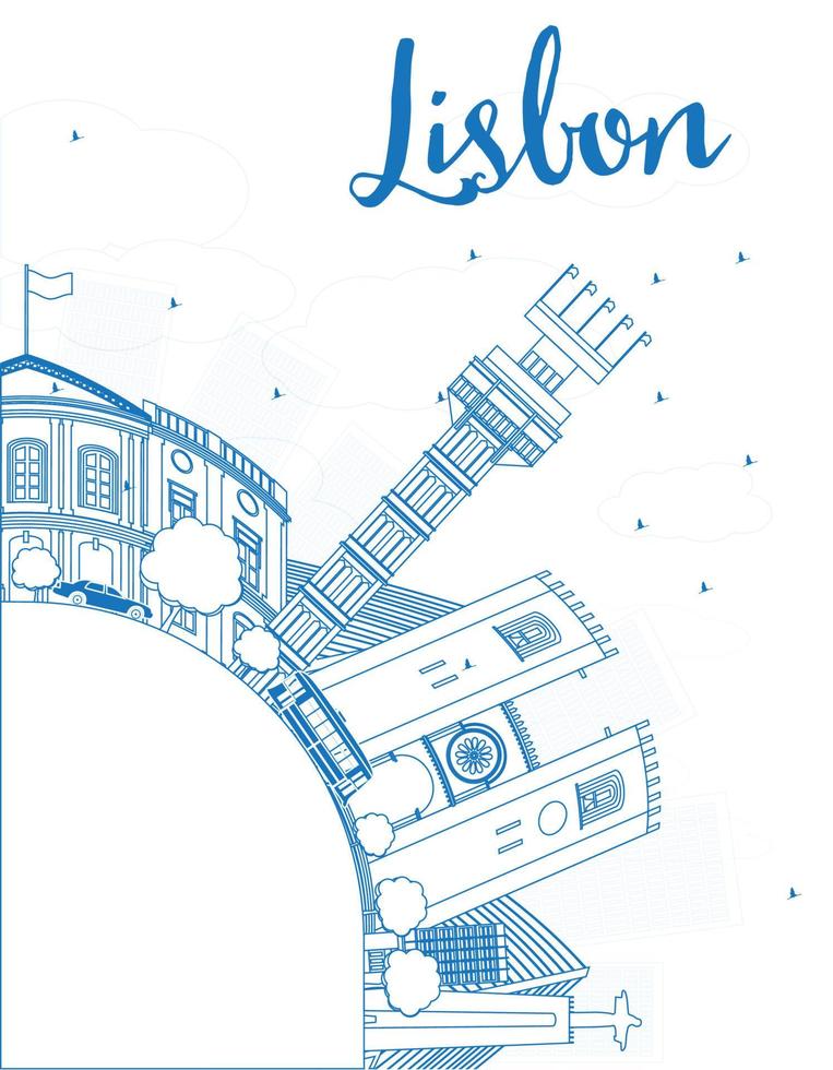 schets de skyline van de stad van Lissabon met blauwe gebouwen en kopieer ruimte. vector