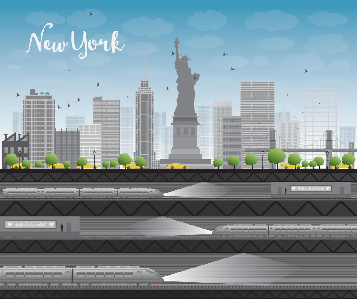 skyline van new york met blauwe lucht, wolken, gele taxi en trein. vector