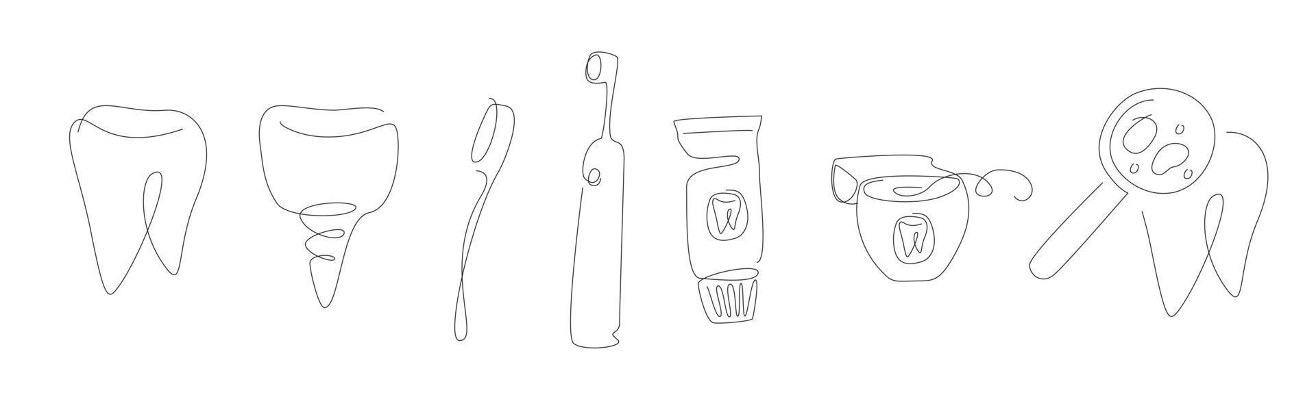 tandheelkundige zorg een lijn set. tand lijn kunst set. schets implantaat vectorillustratie. een lijn tandenborstel collectie. vector
