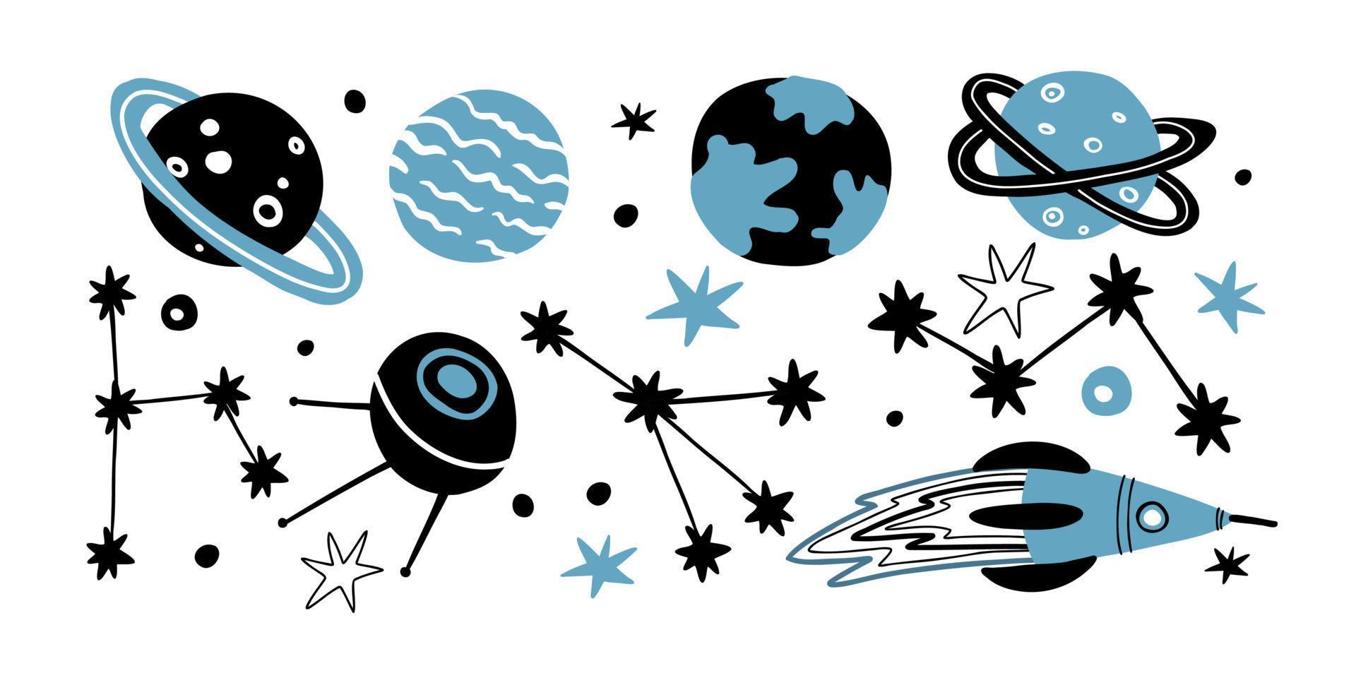 platte set met sterrenbeelden van verschillende vormen, planeten, sterren, satelliet en raket. vector handgetekende illustratie.