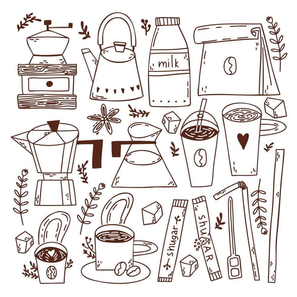 doodle set met koffiekopjes. bereiding van koffie. doodle planten. suiker stokken. rietjes voor drankjes. vector handgetekende illustratie.