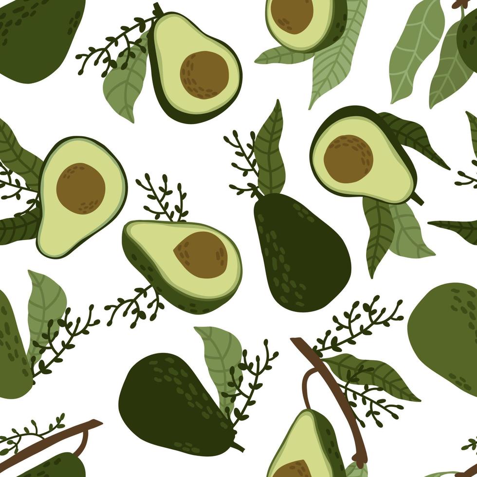 naadloos patroon met avocado- en avocadohelften. handgetekende avocado in vlakke stijl. vectorillustratie. vector