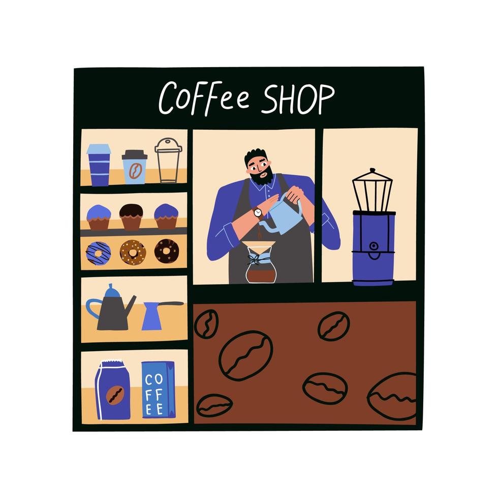 koffiestal met toonbank, koffiezetapparaat, koffiezetapparaat. koffie om mee te nemen. hand getekende vectorillustratie. vector