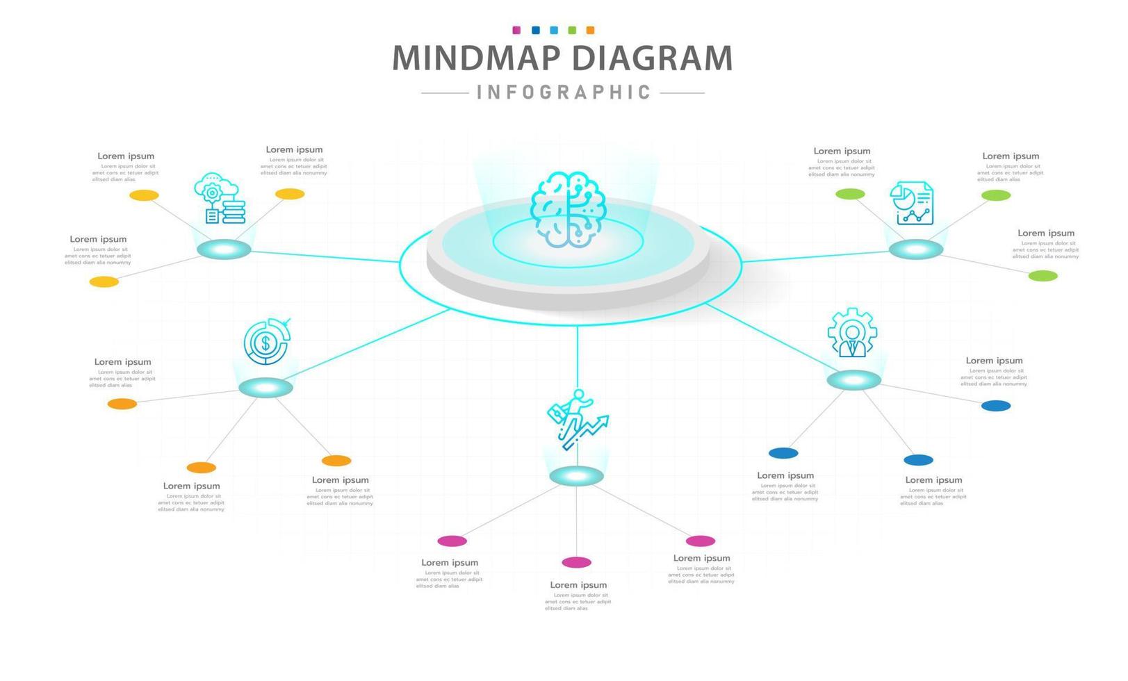 infographic sjabloon voor bedrijven. 5 stappen modern mindmap-diagram met futuristische stijl, presentatie vector infographic.