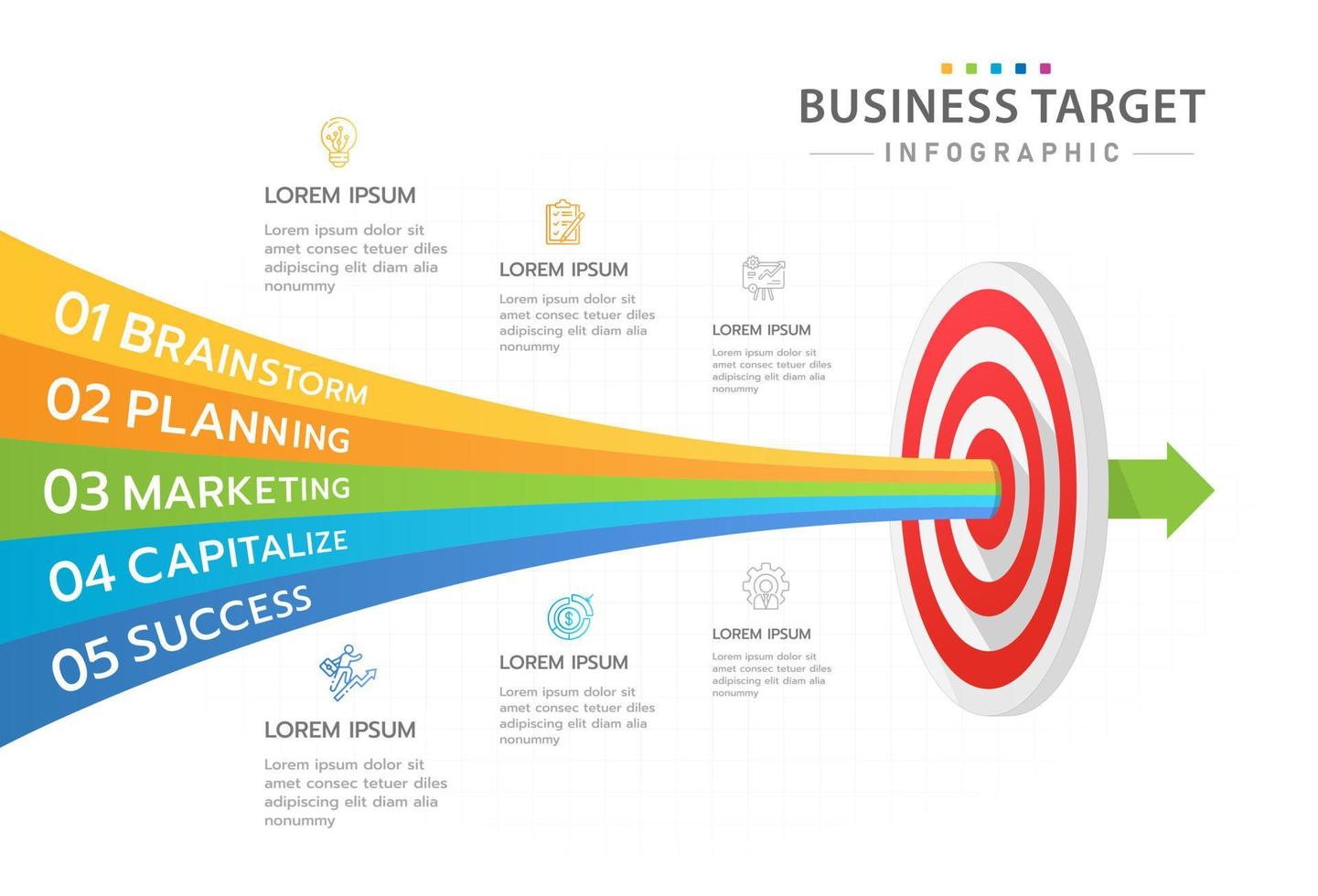 infographic sjabloon voor bedrijven. 5 stappen modern doeldiagram met pijlen, presentatie vector infographic.