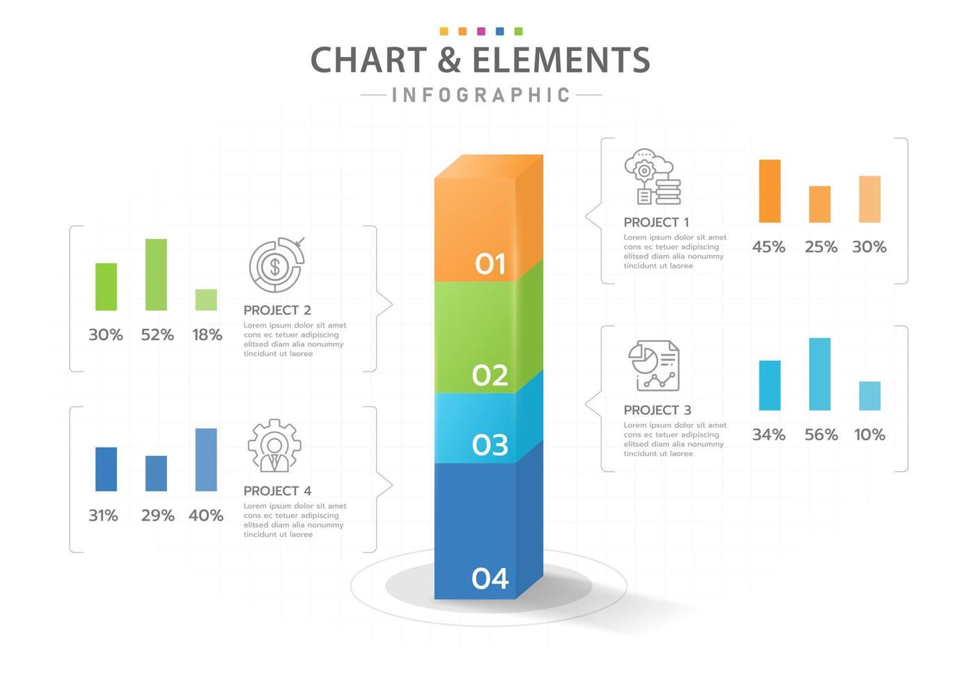 infographic sjabloon voor zakelijk project. 3D-staafdiagramdiagram met gelaagde blokniveaus, presentatie vector infographic.