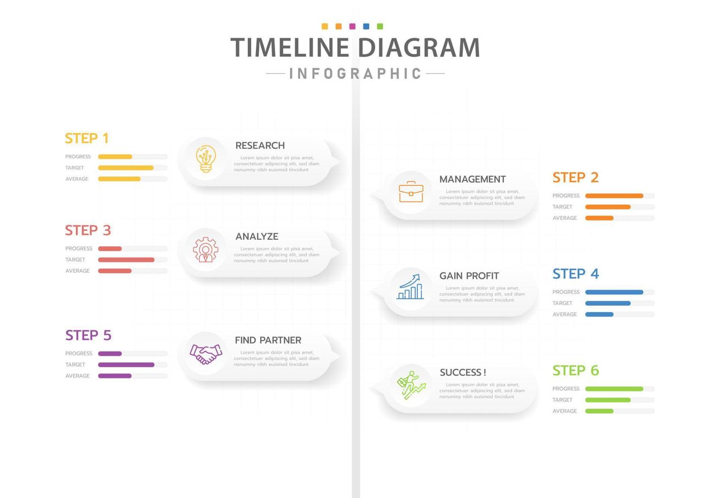 infographic sjabloon voor bedrijven. 6 stappen modern tijdlijndiagram met planningsonderwerpen, presentatie vector infographic.