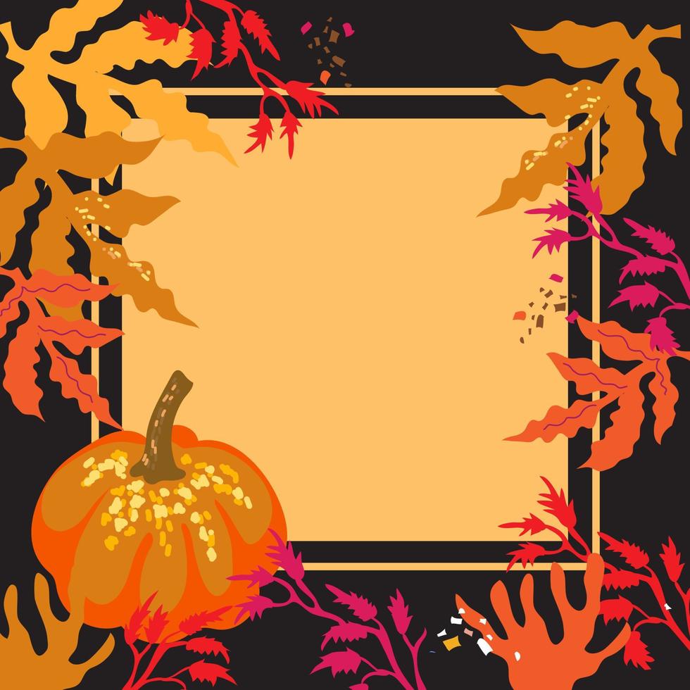 pompoen en herfstbladeren frame of banner platte vectorillustratie op een donker veld. sjabloon voor reclamebanners in het herfstseizoen of halloween- en thanksgiving-evenementen. vector