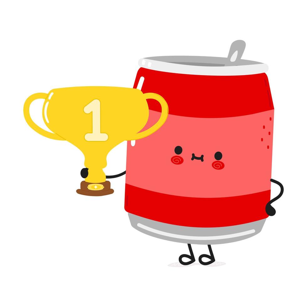 leuk grappig blikje frisdrank met gouden trofeebeker. vector hand getekend cartoon kawaii karakter illustratie pictogram. geïsoleerd op een witte achtergrond. blikje frisdrank met beker voor winnaarstrofee