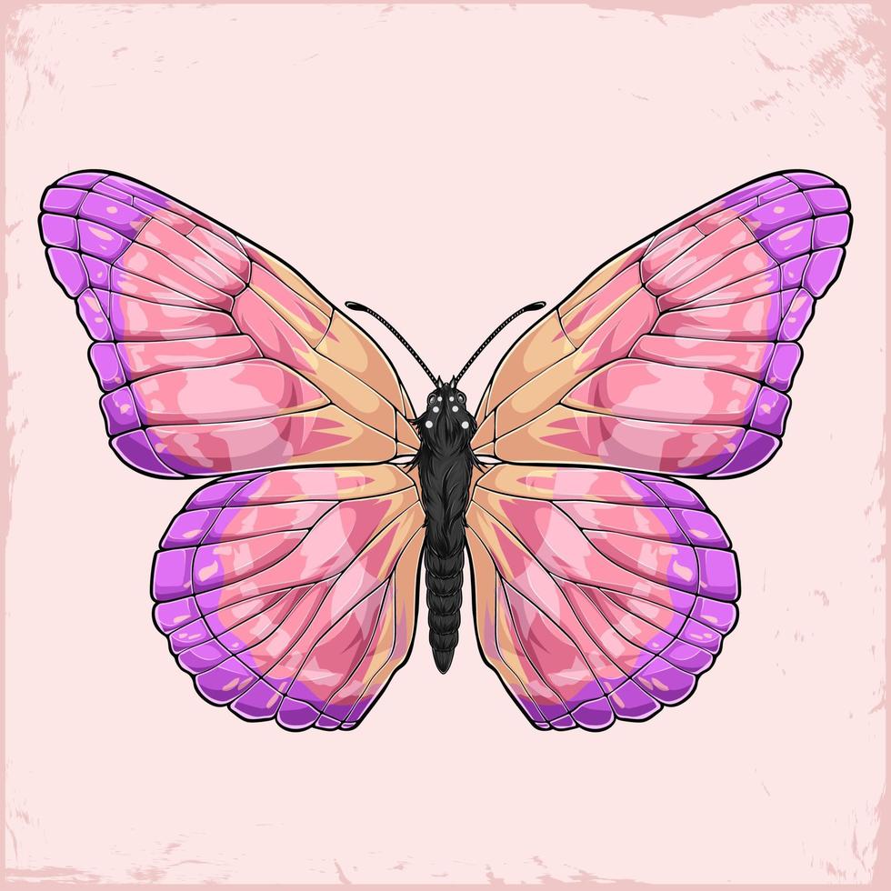 handgetekende vliegende roze vlinder met kleurrijke vleugels vanaf de bovenkant geïsoleerd op roze achtergrond vector