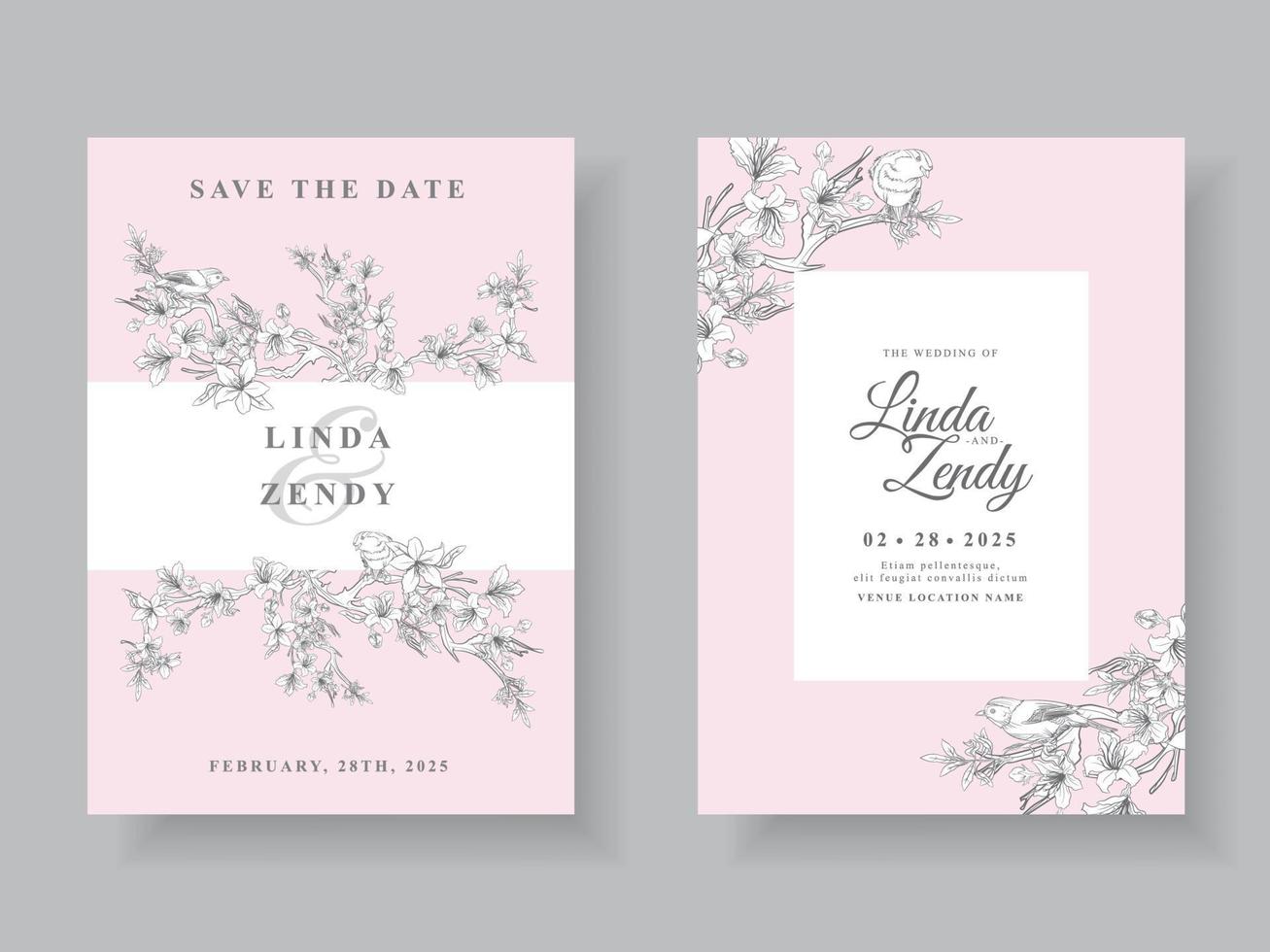 bruiloft uitnodigingskaarten met kersenbloesem lijntekeningen vector