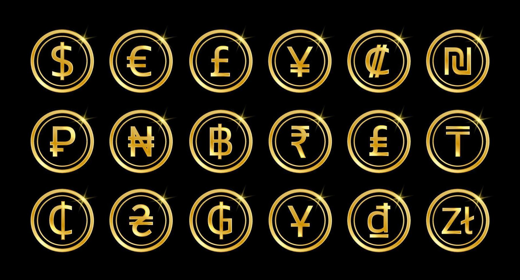 wereld gouden valuta pictogrammen en symbolen. vector