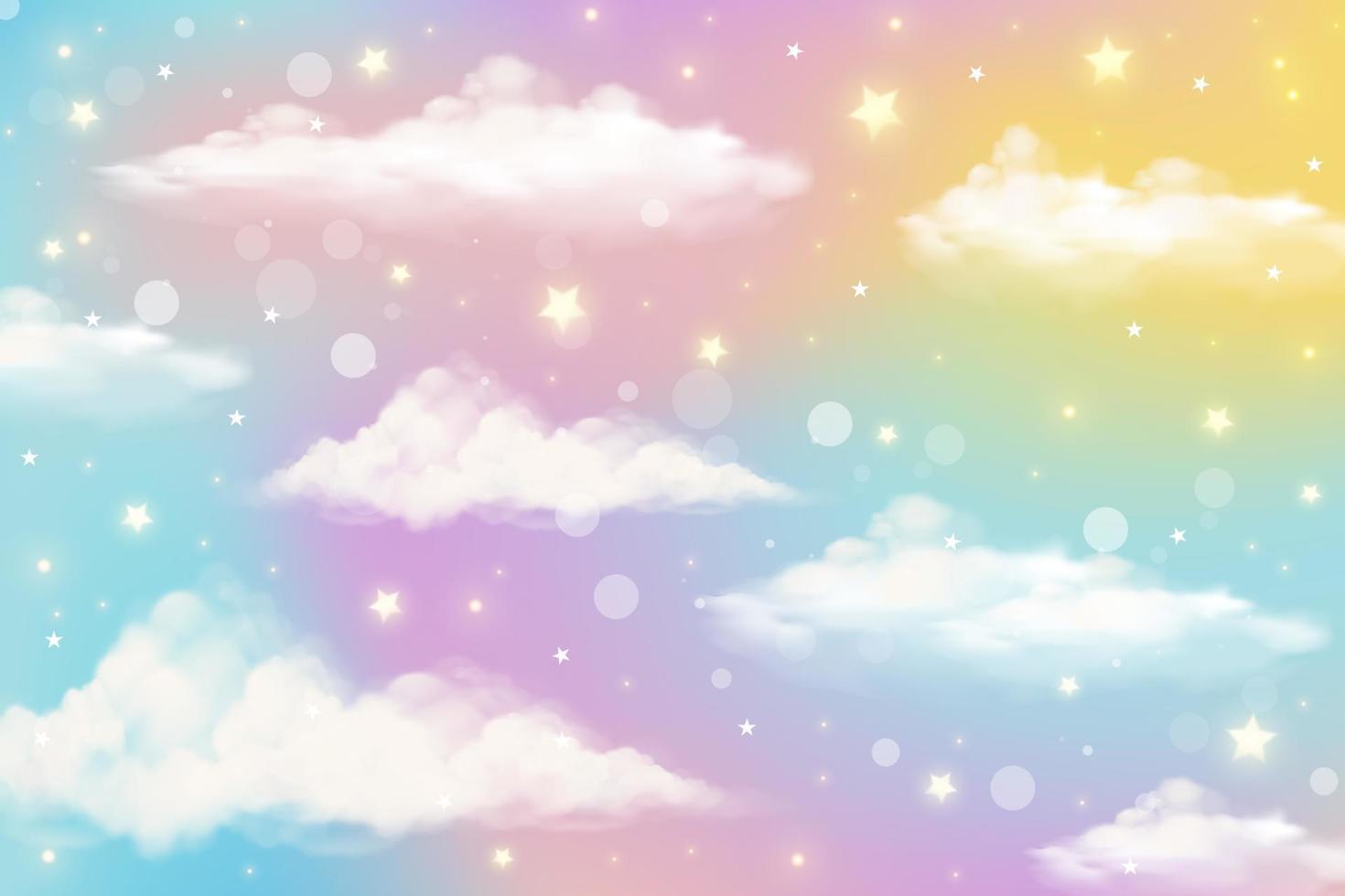 holografische fantasie regenboog eenhoorn achtergrond met wolken en sterren. pastelkleurige lucht. magisch landschap, abstract fabelachtig patroon. schattig snoep behang. vector
