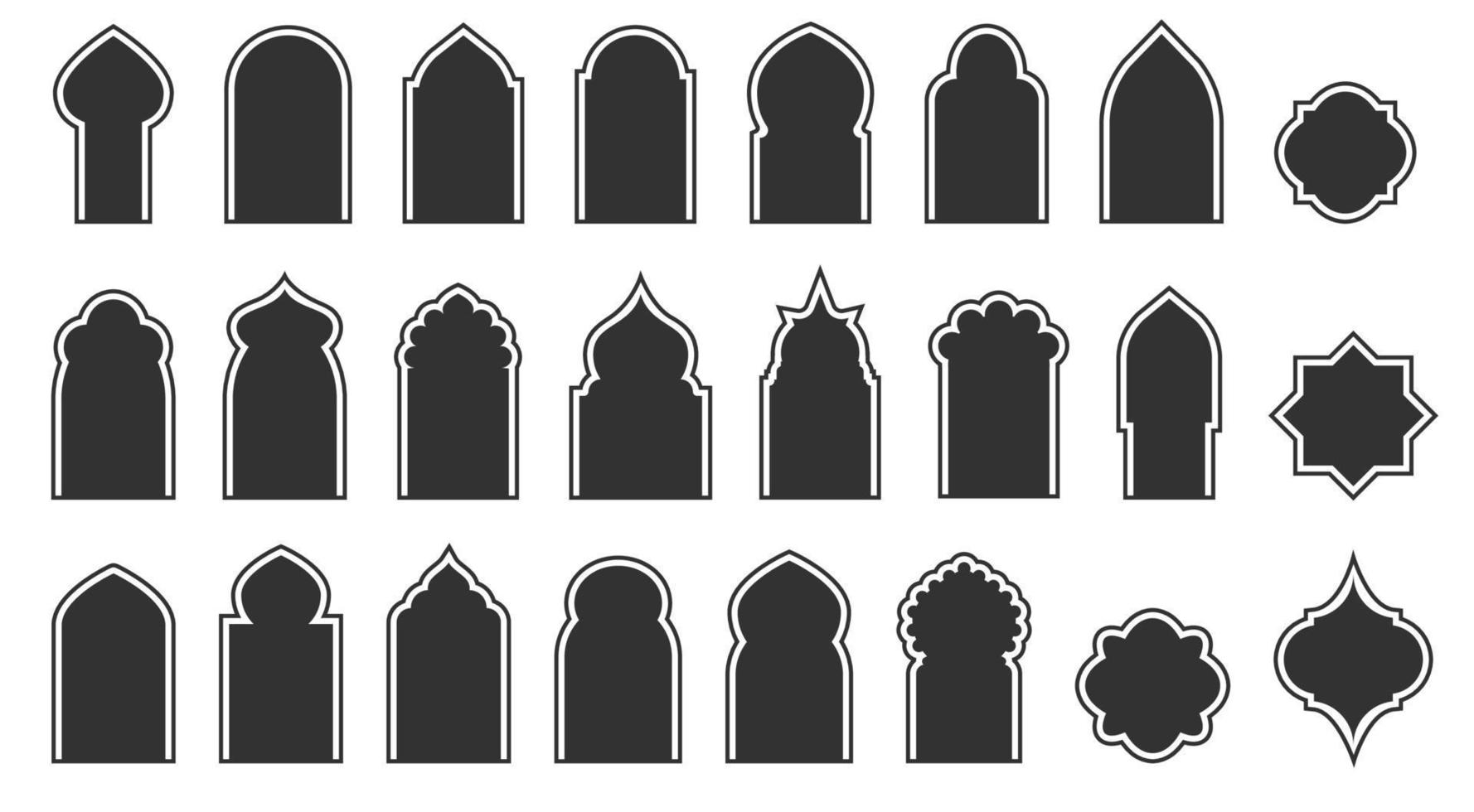 set van arabische ramen en deuren. silhouet van islamitische architectuurelementen. vector eps 10