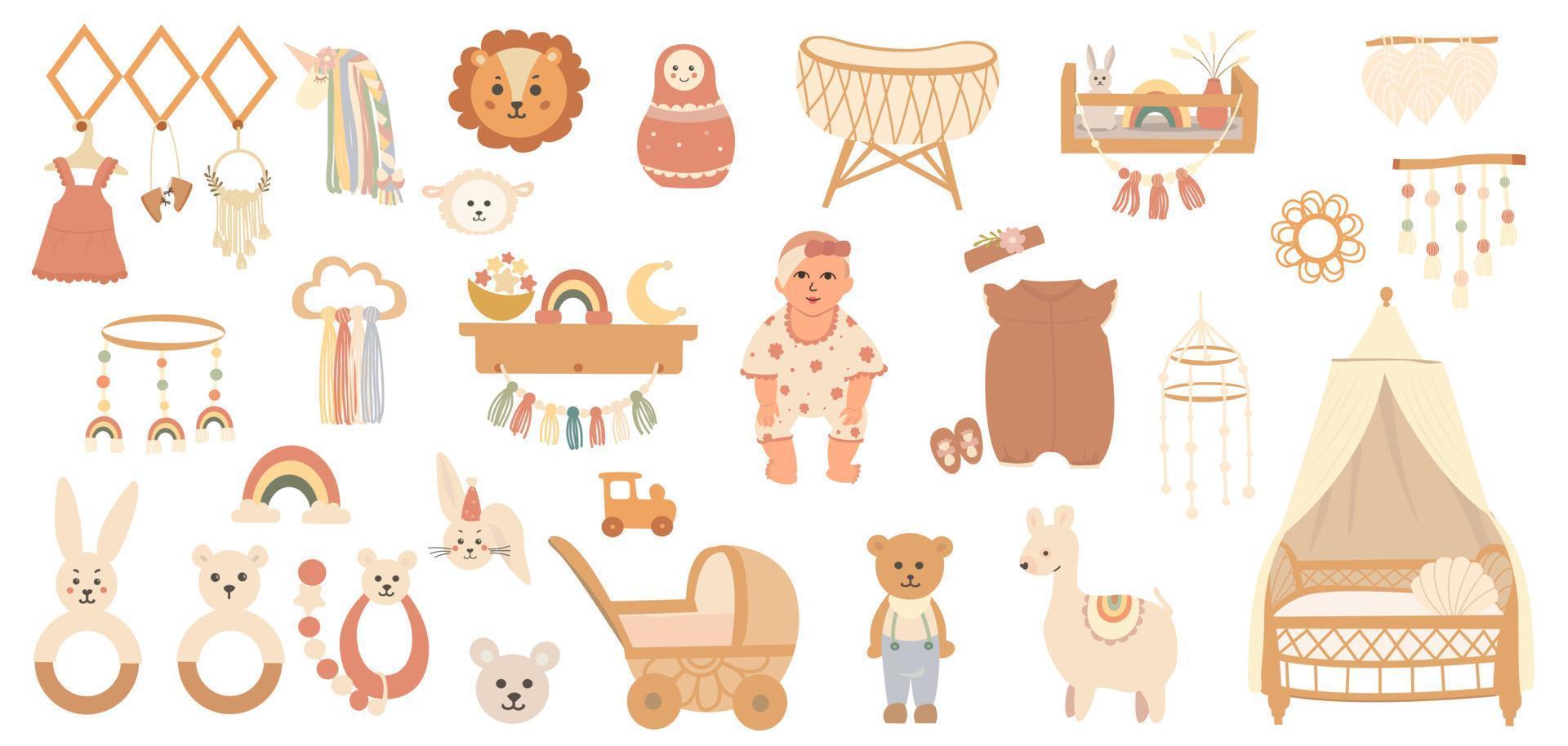 vector handgetekende boho-stijl clipart voor het decoreren van een kinderkamer met een baby, een wieg en een kinderwagen, speelgoed. perfect voor kinderkamer, verjaardagsfeestje, kinderfeestje