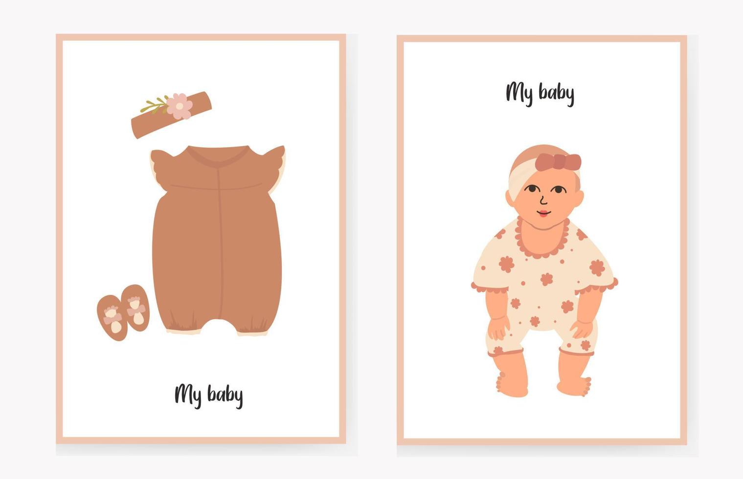 een set uitnodigingskaarten voor kinderen met schattige babykleertjes en een babymeisje. welkom. mijn baby. vectorillustratie. vector