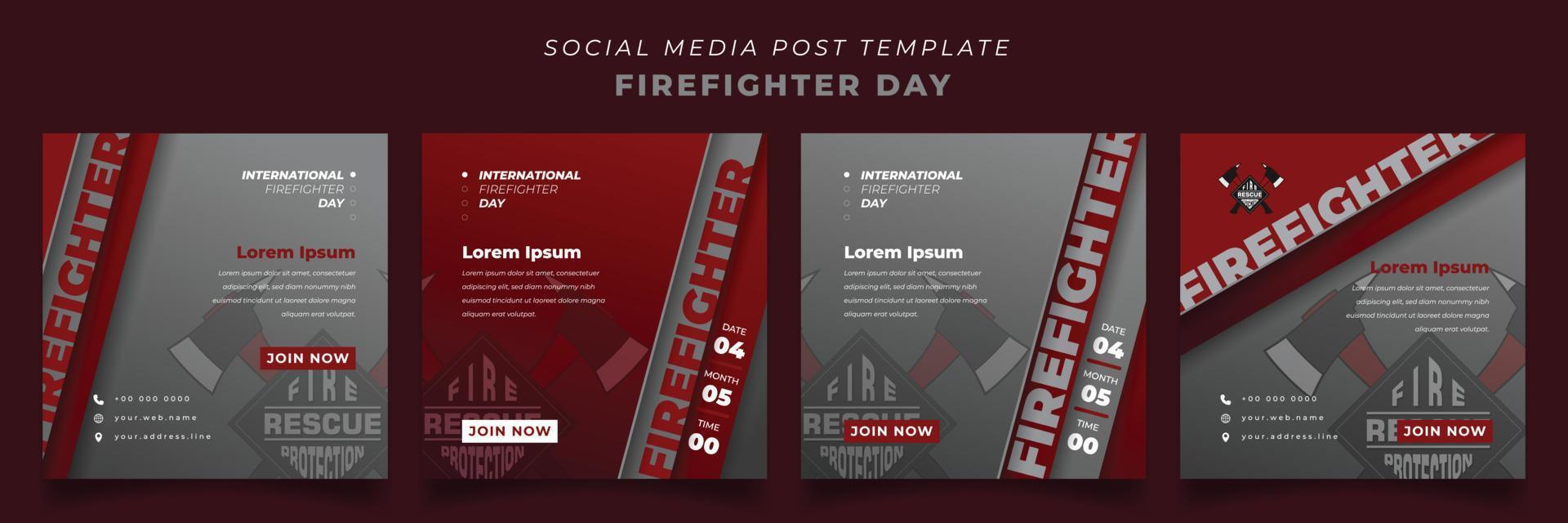 set van postsjabloon voor sociale media met rode en grijze achtergrond voor het ontwerp van de dag van de brandweerman vector