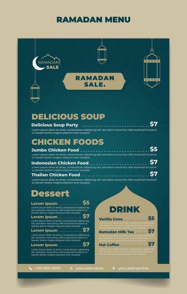 ramadan menusjabloon in groen islamitisch achtergrondontwerp. ook een goede sjabloon voor het ontwerpen van restaurantmenu's. vector