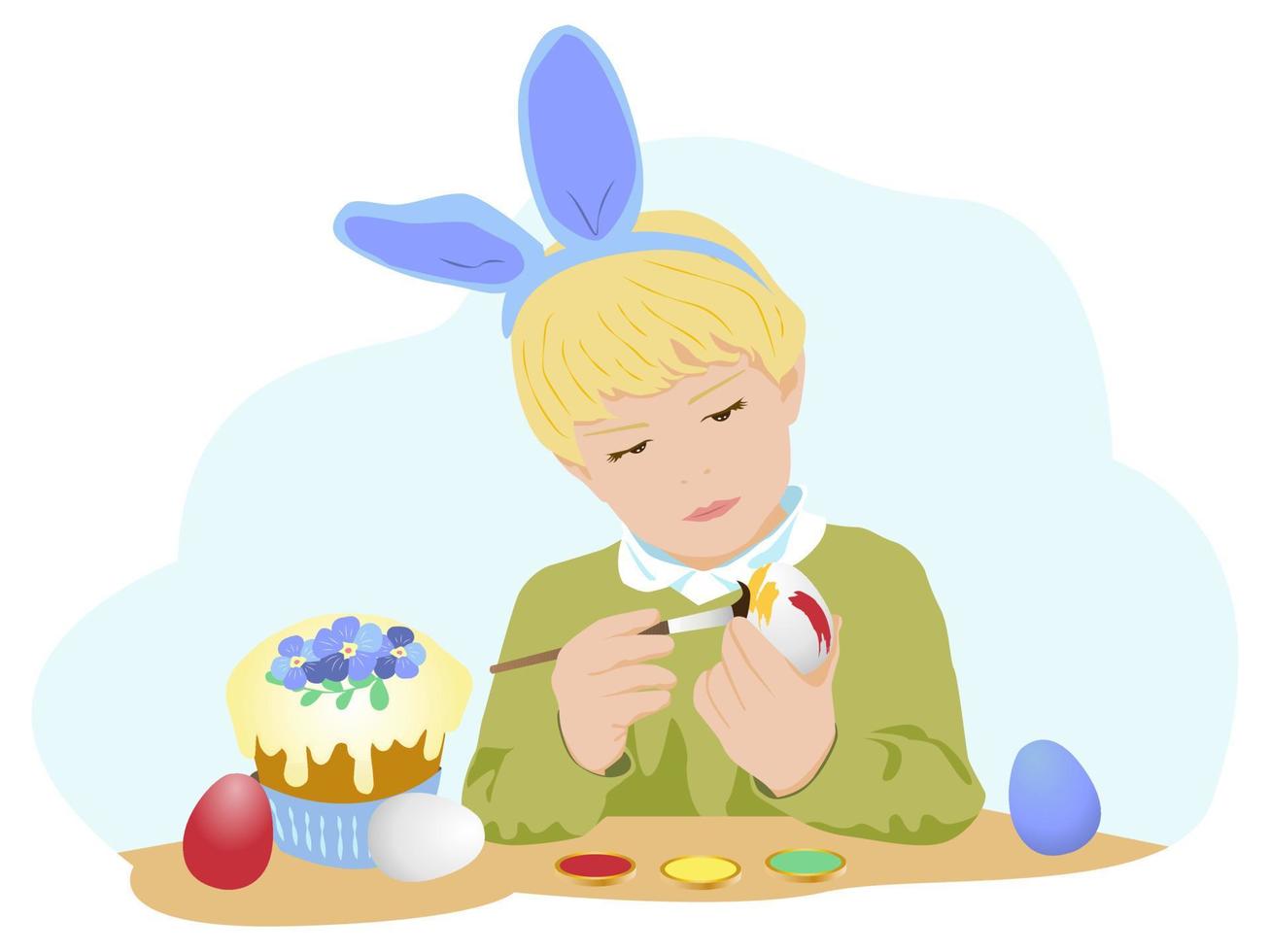 een duitse jongen met blonde haarbandage met konijnenoren schildert eieren voor Pasen vector